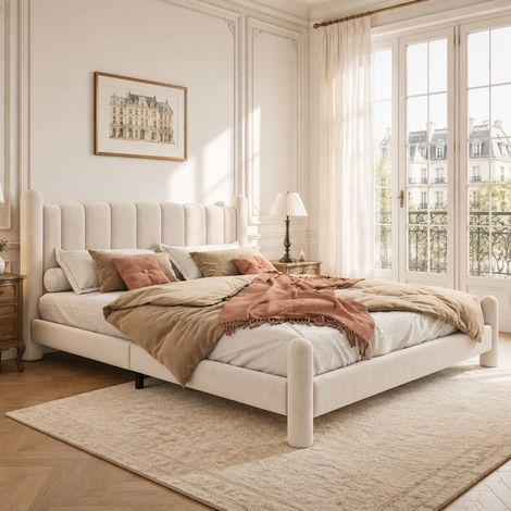 Cama doble 180x200 cm de terciopelo beige con cabecero y somier de láminas - CHICFURN (1/5)