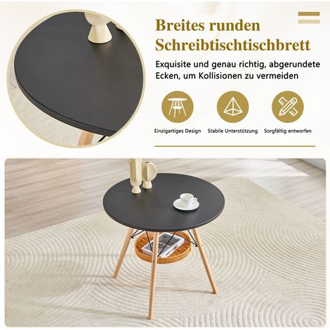 Table ronde Ø 80 cm, plateau en MDF noir, pieds en bois massif, avec étagère suspendue en rotin tressé, convient pour 2 à 4 personnes. (1/5)