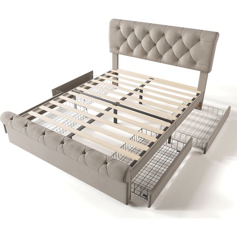 Cama doble tapizada de 140 x 200 cm con cabecero regulable en altura y estructura de cama con 4 cajones, apta para adolescentes y adultos (colchón no incluido). (1/5)