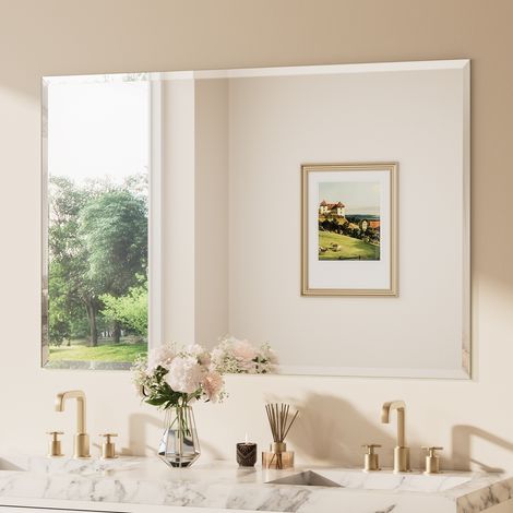 Keonjinn Badspiegel Facettenschliff, 140x90cm Bad Spiegel mit Gehärtetes Glas und Splitterschutzfolie,Rahmenloser Badezimmerspiegel, Rechteckiger Wandspiegel Vertikal Horizontal Möglich, für Garderobe