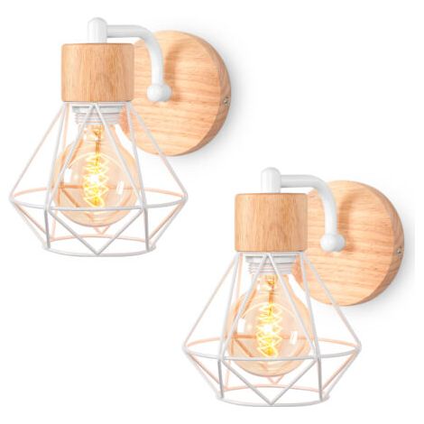royaluxe- 2PCS-Applique Murale Rétro E27 Lampe Murale Vintage En Fer Et Bois Rétro Cage Design Blanc Lampe Murale Interieur Pour Salon Chambre Cuisine Couloir