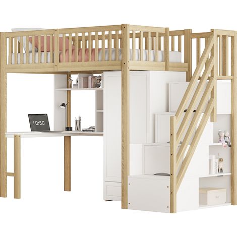 Hochbett, Einzelbett mit Kleiderschrank, Schreibtisch, Regal und Treppe mit Schubladen, 90 x 200 cm, ohne Matratze (1/5)