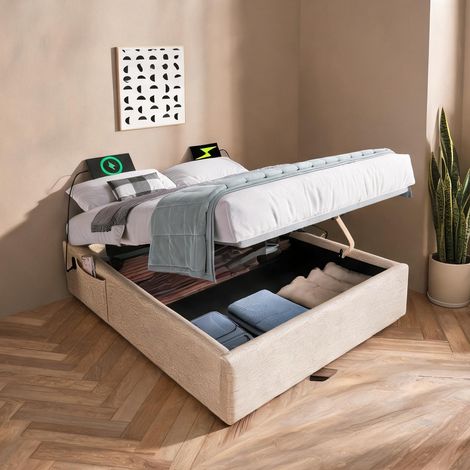 Cadre de lit beige Natural en lin 202 x 161 x 29 cm (1/5)