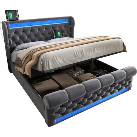 Lit coffre capitonné 160x200 cm en velours gris avec LED, station USB-C et matelas inclus, relevage hydraulique, tête et pied élégants - CHICFURN (1/5)