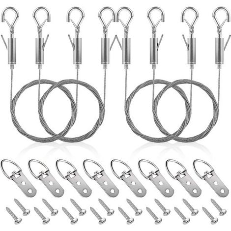 Ganchos para cuadros - 4 piezas de cable para colgar cuadros de 2 m, juego de ganchos para colgar espejos de acero inoxidable, soporta hasta 20 kg, con 8 anillas en D y 16 tornillos, para arte (1/5)