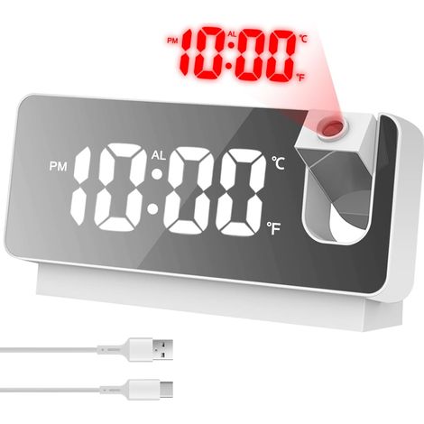 Réveil numérique avec projection et affichage de la température - Rotation à 180° - Grand écran LED - Réveil miroir USB pour chambre et salon (1/5)