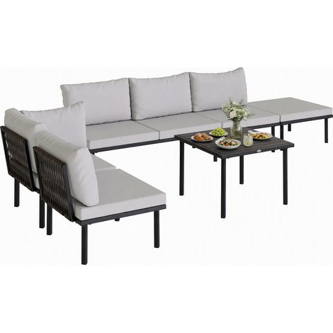 Salon lounge jardin 5 à 6 personnes canapé 2 places 2 fauteuils chaise d'angle table lames repose-pieds