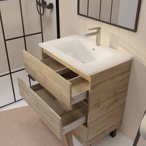 meuble de salle de bains 70 cm timber - décor chêne naturel 3 tiroirs avec vasque blanche — vue 2