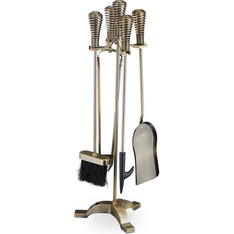 Relaxdays Fireplace Set, 5-piece Set, Poker, Ash Shovel, Broom, Tongs & Stand, Antique Design, Steel, 64x22x20 cm, Gold