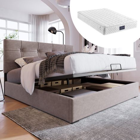 Hydraulisch Doppelbett Polsterbett 140x200cm, Inklusive Matratze, Verstellbares Kopfteil, Bett mit Lattenrost aus Metallrahmen, Samt, Modernes Bettgestell mit Stauraum, Hellgrau