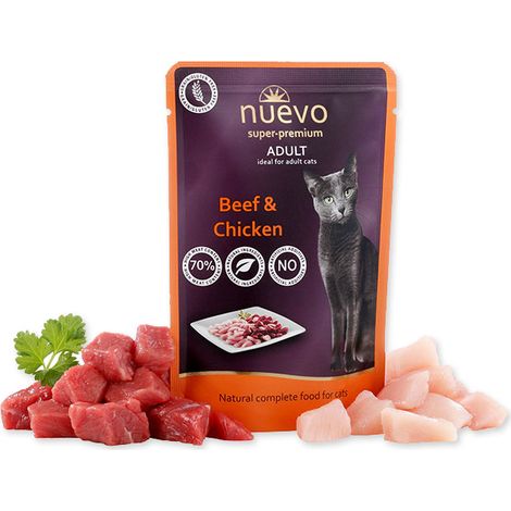 Nuevo Super Premium Cibo Umido per Gatti in Bustina, Manzo e Pollo, 85 g