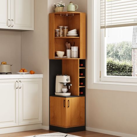 Meuble bar d'angle avec range-verres et rangements, 40 x 40 x 182 cm, MDF naturel HAVRYA (1/5)