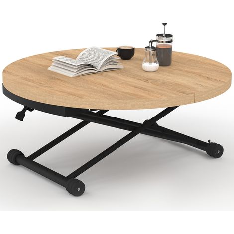 Couchtisch ausziehbar hochklappbar zu einem runden Esstisch ALTURA 100-150 cm Holz und schwarz Industriedesign