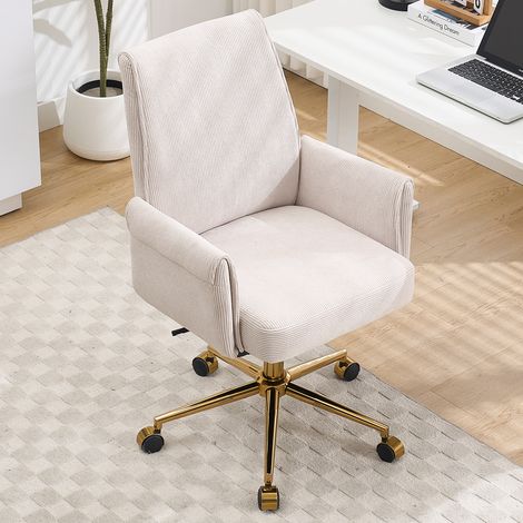 Sedia da Ufficio Girevole, Schienale Medio Ergonomico e Altezza Regolabile, Base in Metallo Dorata, Velluto a Coste Bianco (1/4)