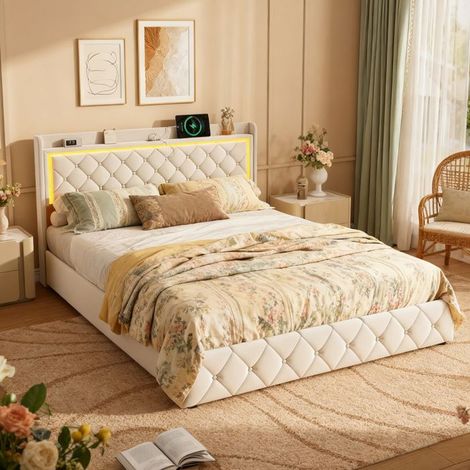 Structure de lit,WXL,140x190 cm,avec 4 tiroirs,tissu en velours,cadre de lit 140x190 cm,Beige