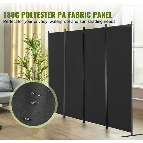 Paravent 4 panneaux pliable, cloison séparatrice en tissu polyester 180 g, brise-vue opaque anti-UV et imperméable, séparation de pièce pour bureau, chambre et salon, noir, 228 x 45 x 172,5 cm (1/5)