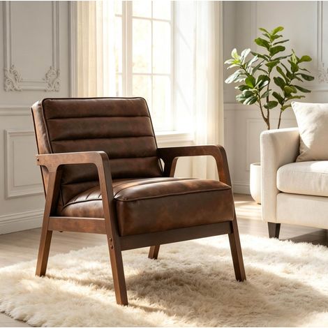 Fauteuil de salon rembourré en bois et similicuir PU, assise épaisse marron DESVIAE (1/5)