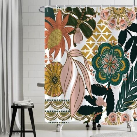 180x180cm Rideau de Douche Boho Style Fleurs Rose Feuille Vert Rideau Baignoire Anti Moisissure Imperméable Tissu Polyester Lavable Rideau Salle de Bain (1/5)