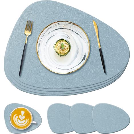 Lot de 4 sets de table et dessous de verre en silicone bleu ciel, 13,8 x 11,1 x 0,15 cm, antidérapants, lavables, adaptés aux tables à manger (1/5)