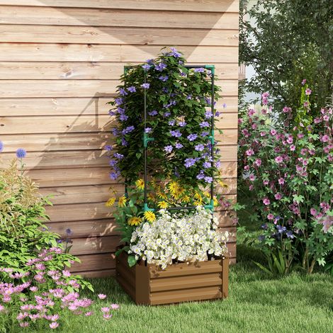 Jardinière surélevée avec treillis, bac à plantes grimpantes, fond ouvert, résistante aux intempéries, 61 cm x 61 cm x 140 cm, marron (1/5)