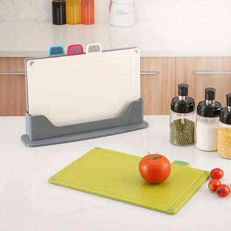 Tagliere in plastica, senza BPA, 30 x 22 cm, set da 4, tagliere per la colazione con supporto per pesce, verdure, frutta, carne, pane (1/5)