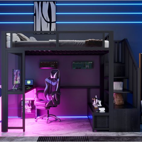 Cama alta infantil 140x200 cm con escritorio, armario abierto, 3 cajones, escalera, USB y LED negra, estructura de metal y MDF – CHICFURN para dormitorios juveniles (1/5)
