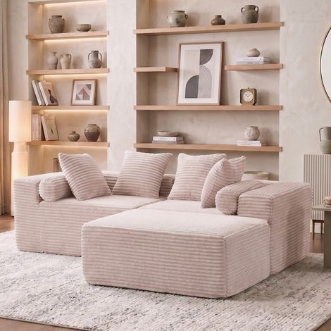 Section transversale modulaire avec fauteuil lounge en forme de L, canapé nuage, canapé à coussins moelleux pour salon et chambre - aucune installation requise - tissu chenille (beige) (1/5)