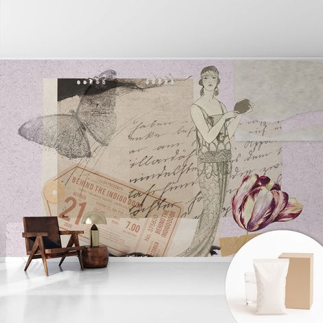 Papier peint décoratif avec colle pour salon, chambre à coucher et bureau – Design moderne et facile à poser Collage nostalgique 416x254 cm (1/5)