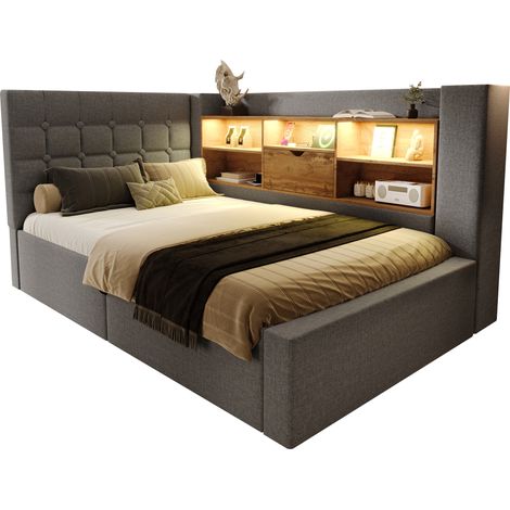 Lit capitonné simple 90x190 avec LED, coffre hydraulique, tête de lit en L avec rangement, réversible, sommier, lin gris, sans matelas (1/5)