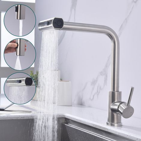 Robinet Cuisine Brossé avec Douchette Extractible 3 Fonctions de Pulvérisation Mitigeur d'évier Pivotant à 360° Mitigeur Cuisine en Inox SUS304 (1/5)