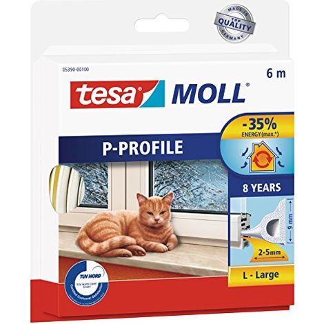 Tesa Moll P-Profile Seal - Gomma Sigillante per L'Isolamento degli Spazi tra Porte e Finestre - Bianco - 6 m x 9 mm x 5,5 mm (1/4)