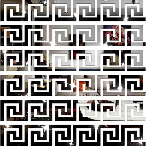 30 Pièces Géométrique Grecque Clé Miroir DIY Stickers Muraux, Acrylique Miroir Carreaux Autocollants Muraux Autocollants pour Salon, Chambre Décoration (Noir) (1/4)