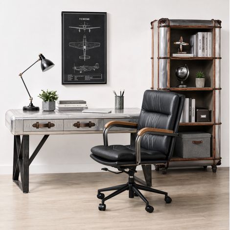 Chaise de bureau ergonomique en cuir noir avec accoudoirs aspect chêne, pivotante et réglable (1/5)