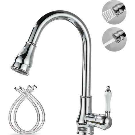Robinet d'évier de cuisine vintage avec douchette extractible, bec pivotant à 360°, finition chromée, laiton et composants en céramique (1/5)