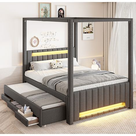 Bett Himmelbett 140x200 cm gepolstert in Grau mit Ausziehbett, 3 Schubladen und LED an Kopf- und Fußteil (1/5)