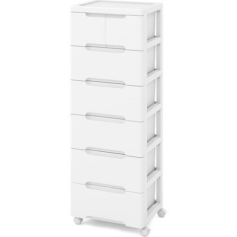 Tour de Rangement sur Roulettes, Commode Verticale à 6 Tiroirs, Roulettes Universelles et Verrouillables, Chariot de Rangement, Blanc (1/5)