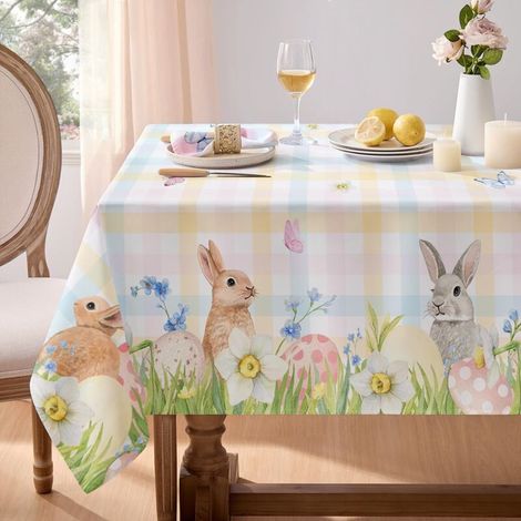 Nappe de Pâques Rectangulaire 180x140 cm Anti Tache Nappes à carreaux colorée avec Lapins et Œufs élégante Decoration Table pour (1/5)
