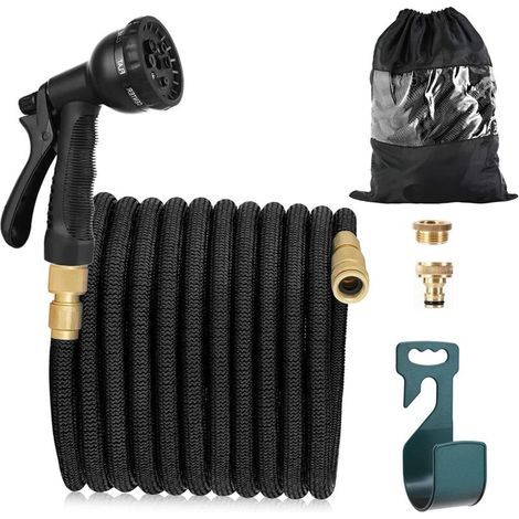 Tuyau d\'arrosage Extensible 15m, Tuyau d\'eau Flexible avec Pistolet d\'Arrosage à 8 Modèles d\'Irrigation, Raccords de 3/4\'\' et 1/2\'\' en Laiton Massif, Noir (1/5)