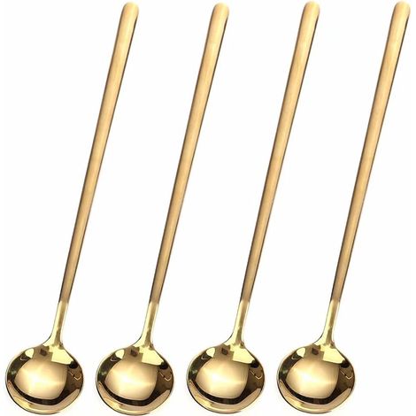 Lot de 4 cuillères à café/thé à long manche de 17 cm, dorées, pour thé glacé et expresso.
