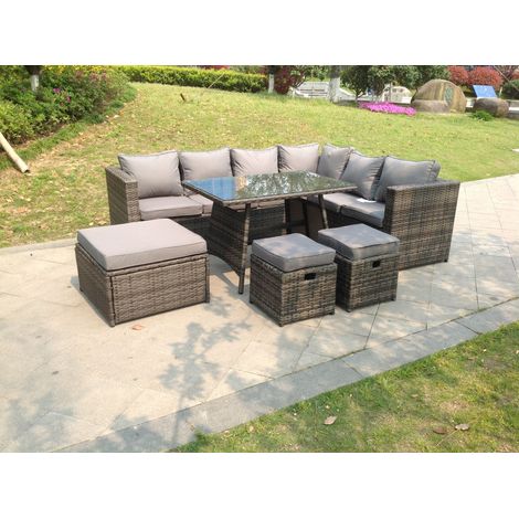 Fimous 9 Seater Grey Rattan Corner Sofa Set Dining Table with 2 Small Footstool Garden Furniture Outdoor
