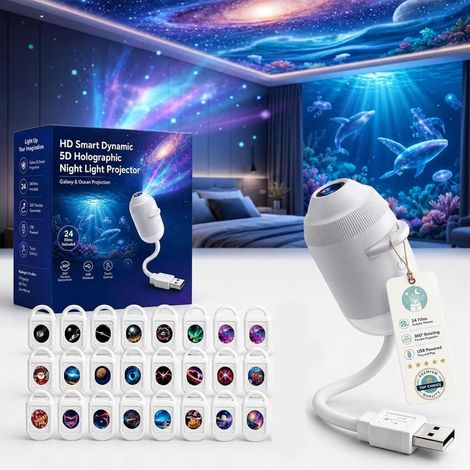 Proiettore HD Star Plug and Play, proiettore olografico 5D dinamico intelligente HD con 3/6/12/24 film proiettati, Galaxy Star 2 in 1 con rotazione a 360°, alimentazione USB, 24 film (1/5)
