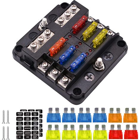 6-fach Flachsicherungskasten, 12V/24V-Sicherungshalterblock mit Minuspol, Standard-Kfz-Flachsicherung mit LED-Anzeige für Pkw, Lkw und Boote (1/5)
