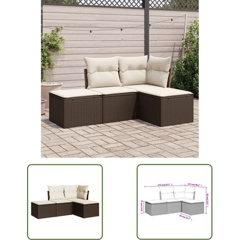 The Living Store Salon de jardin 4 pcs avec coussins marron résine tressée - Salon De Jardin - Mobilier De Jardin - Salon Extérieur - Ensemble De Canapés - Canapé D'angle (1/3)