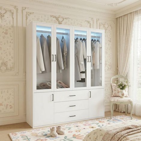 Armoire de Chambre en Bois Massif Blanc - 2 Portes avec Miroir et 3 Tiroirs - Penderie Style Scandinave, Poignées Noires (1/5)