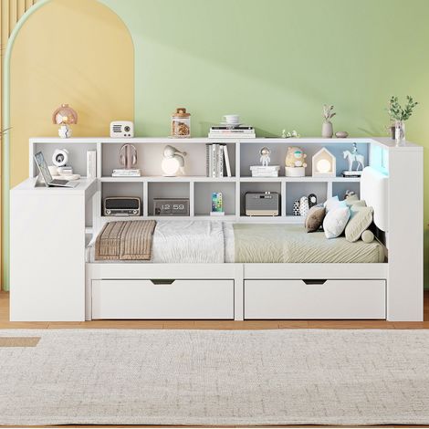 Lit plateforme d’angle en L 90x200 cm avec bureau, bibliothèque, tête de lit rembourrée LED, MDF et contreplaqué, blanc (1/5)