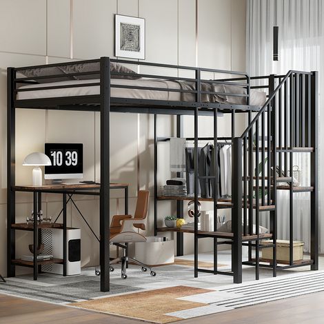 Lit mezzanine d'enfant (120x200 cm, noir + bois vintage) , table, étagère et armoire attachées (1/4)