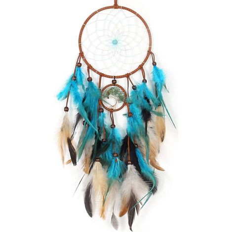 Grand attrape rêves fait main avec perles et plumes pour décoration murale style bohème couleur marron et bleue (1/5)