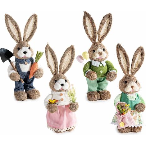 Coniglietti di Pasqua in fibra naturale con abito in stoffa e decori floreali, set da 4 pezzi, cm12x11x33H (orecc.estese)