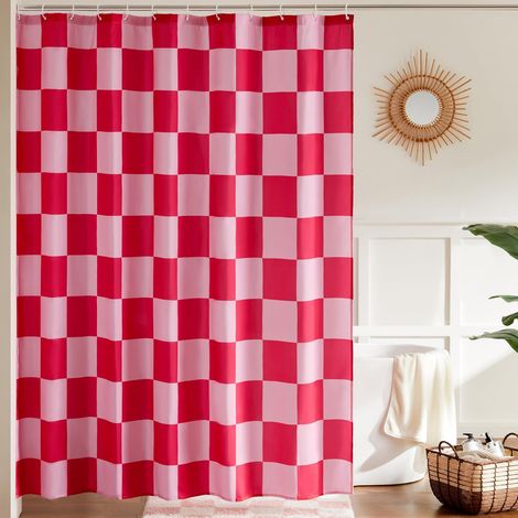 1 Rideau De Douche, Design Damier Rose, Tissu Polyester Imperméable, Lavable Machine, Pour Salle De Bain (1/5)