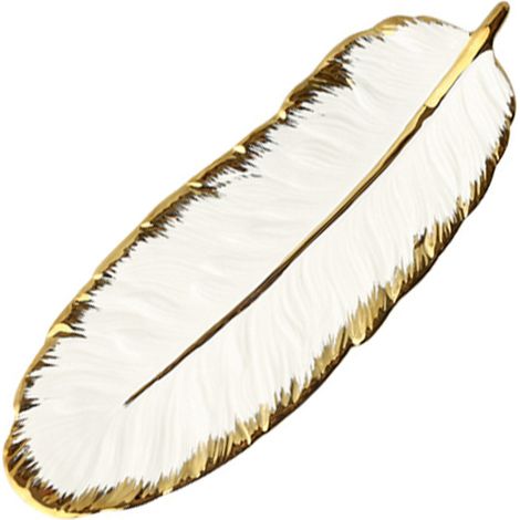 Bandeja decorativa de cerámica con forma de hoja, adornada con plumas realistas, para joyas, anillos, baratijas, fruta, postres y objetos pequeños.